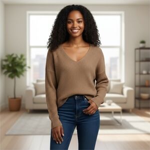 Free People Allure Sweater Womens Size Small Pullover V-Neck Taupe Tan Cotton